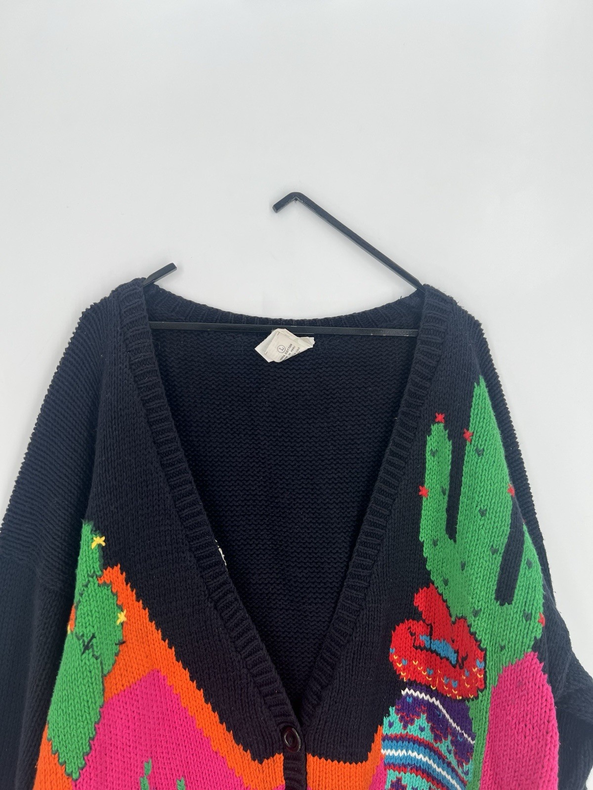 Vtg Andina Retro Abstract Embroidered Floral Cactus Chunky Knit Sweater Cardigan