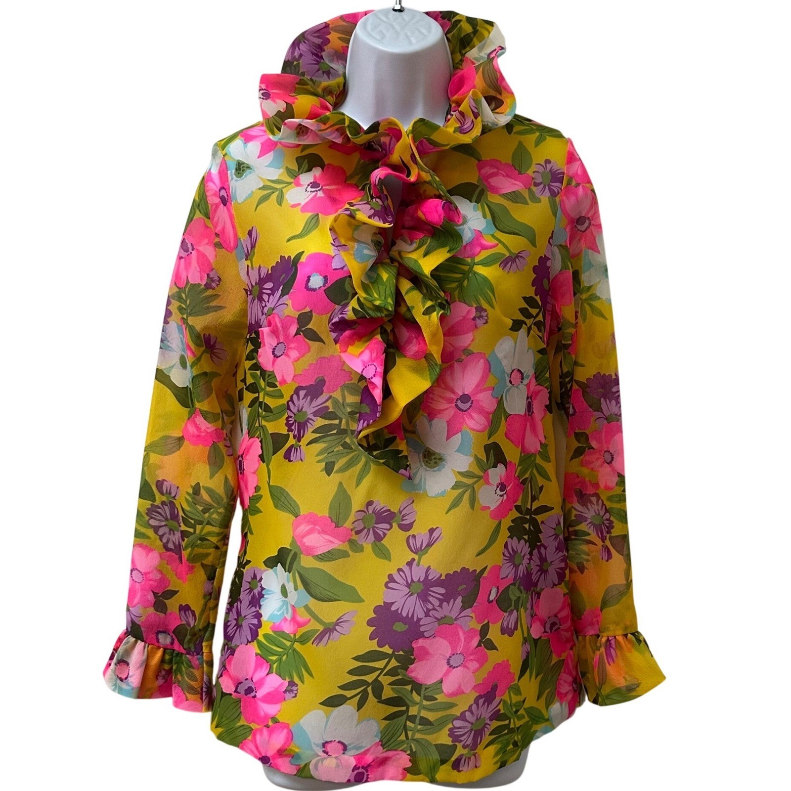 Vintage Teddi of California Floral Ruffle Blouse Yellow Pink 70s Mod Top Size 36