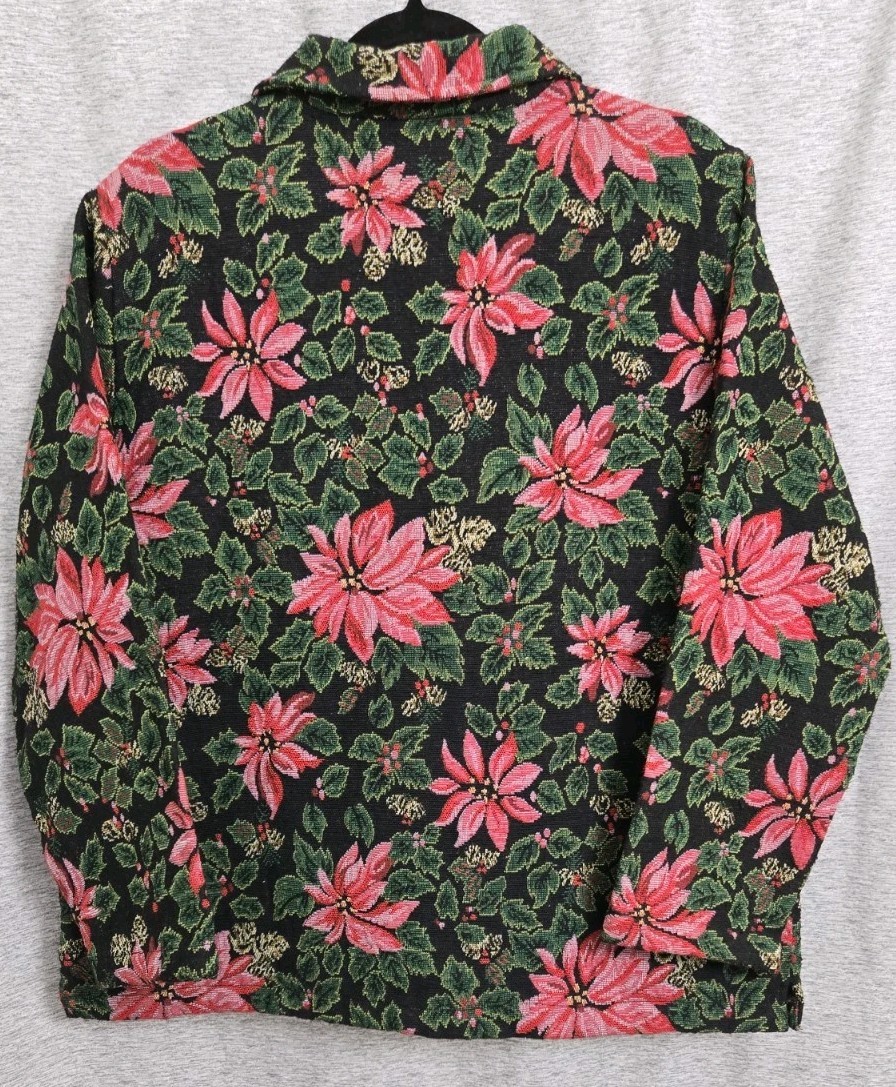 Tudor Court Women Sz Lg Denim Poinsetta Print W/ Sequins Jeans Jacket Holiday