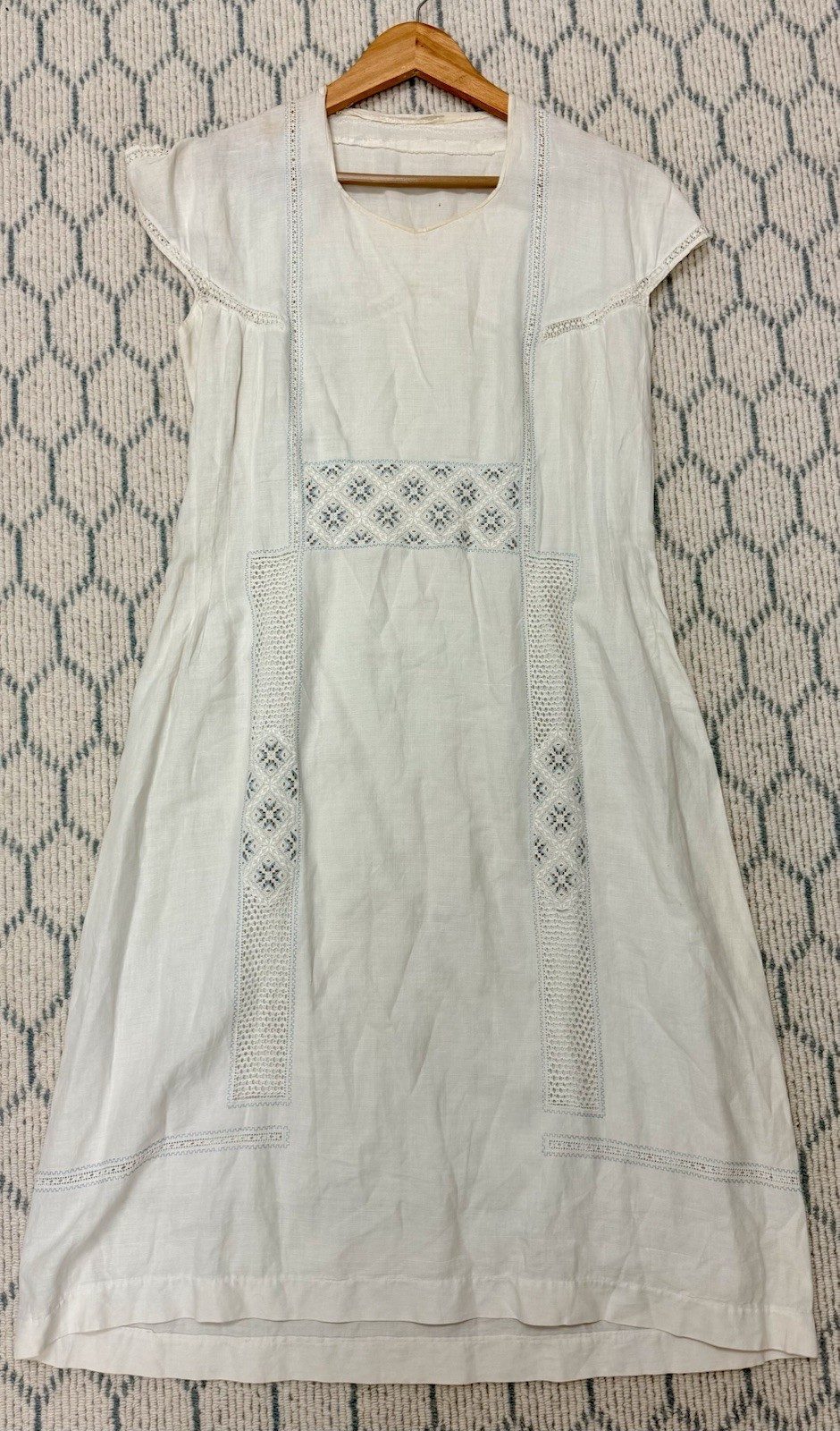 1920’s Antique Hand Embroidered Linen Chevron Lace Cottagecore Cream Lawn Dress