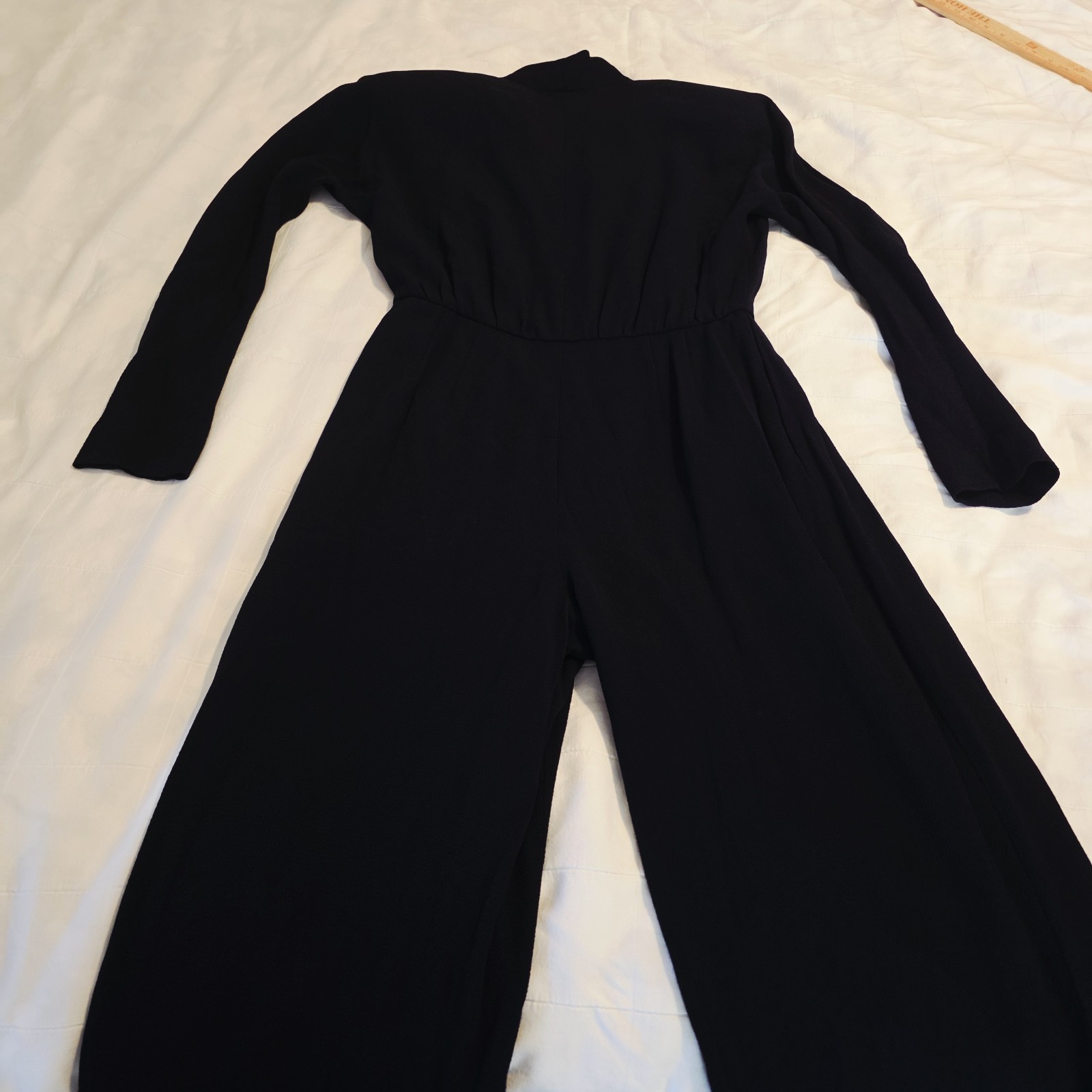 VTG Caroline Roehm Dark Navy Jumpsuit Lined Deep V Wide Leg Long Sleeve 29 Waist