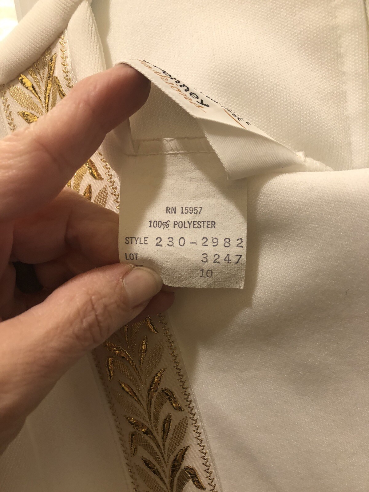 Vintage JC Penney Fashions Polyester Long White Dress With Gold Trim 10