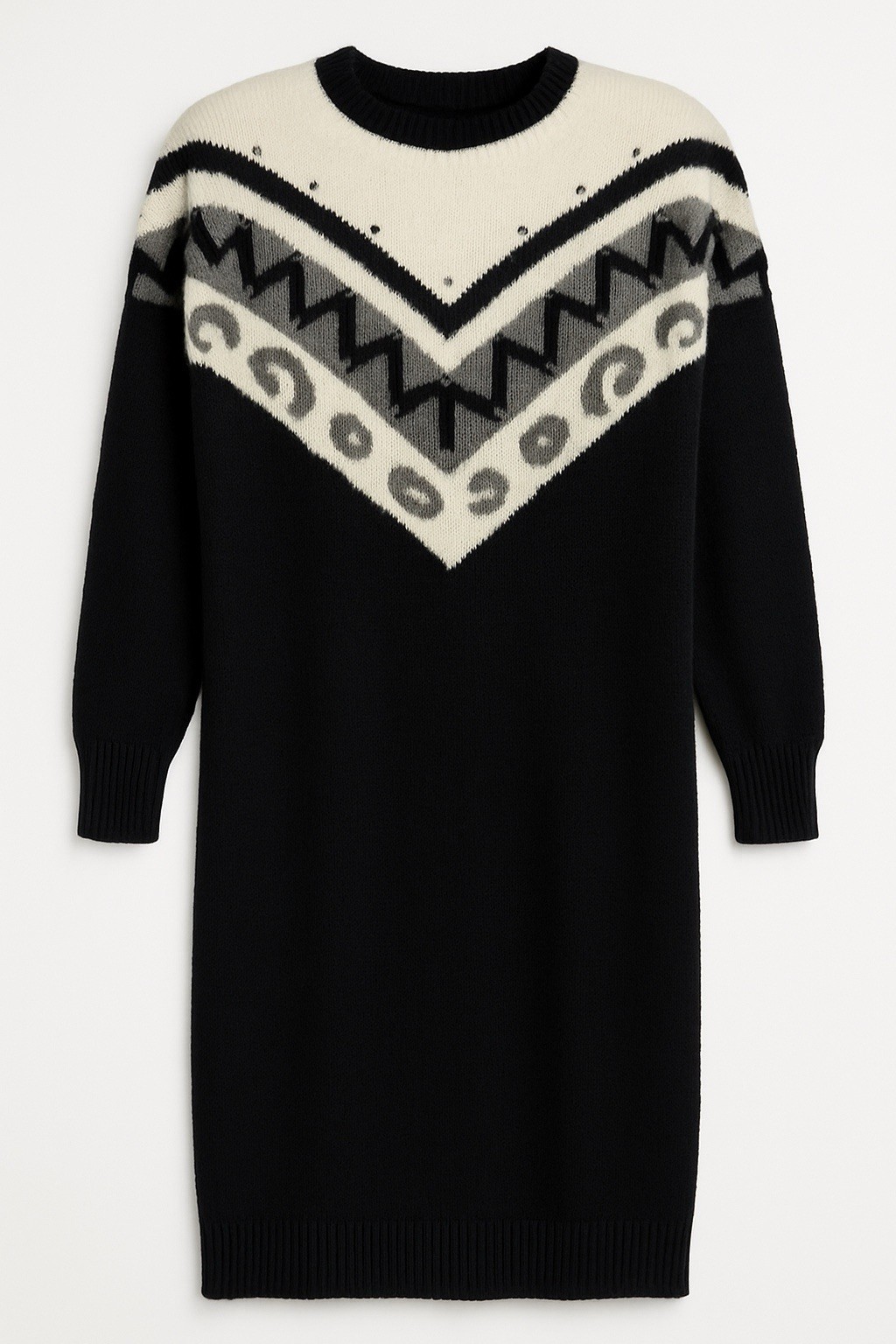 Vintage 80s Yarnworks Geometric Sweater Dress Black Cream Shoulder Pads L Career