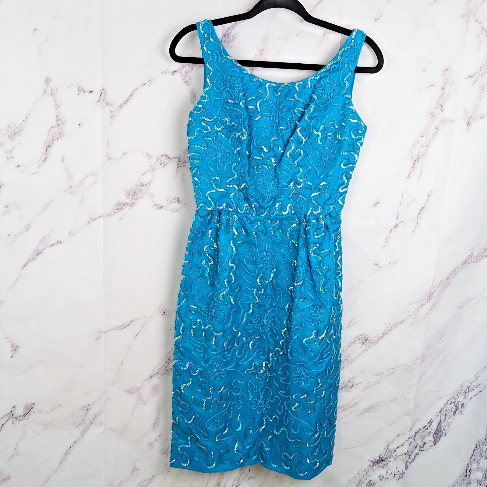 50s Blue Cocktail Sheath Dress Sequin Sleeveless ILGWU Vintage Size XS Jr. Theme