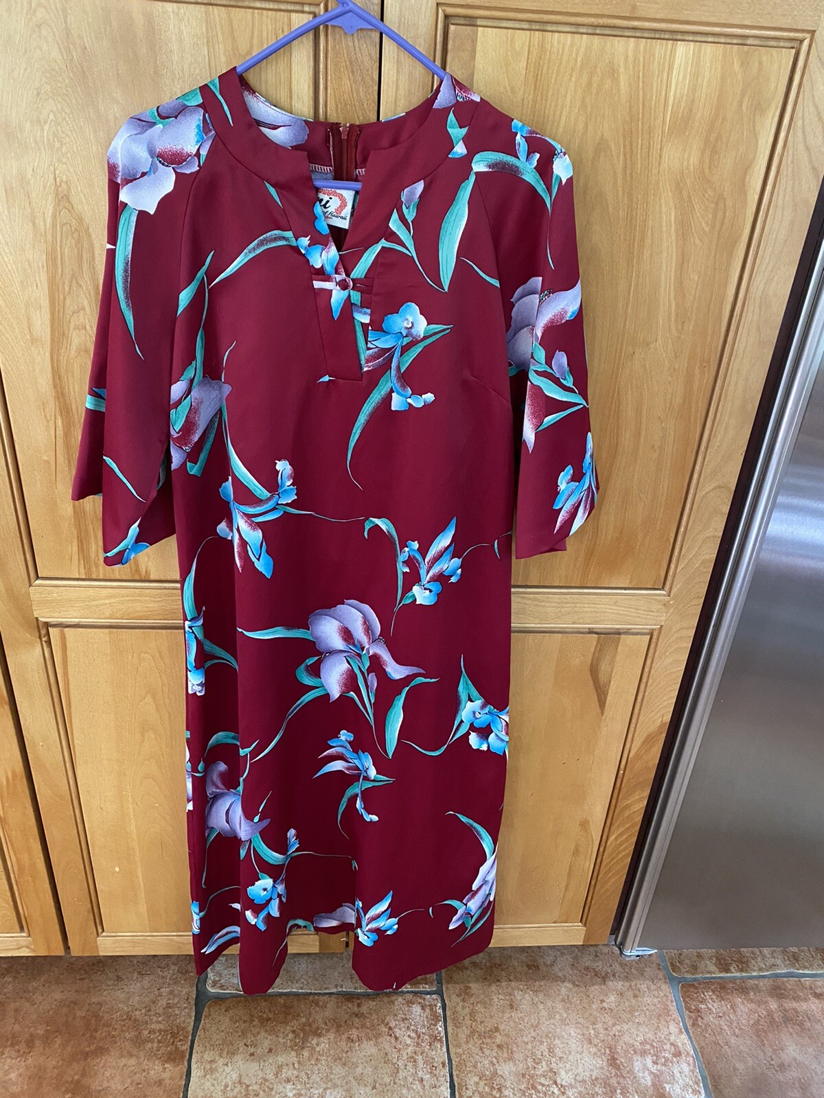Vintage Nani of Hawaii Dress M Poly Wine Floral Dress Muumuu