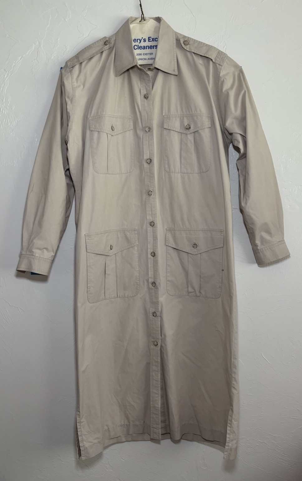 Vintage ’80s Banana Republic Khaki Safari Button Down Midi Coat Shirt Dress Sz L