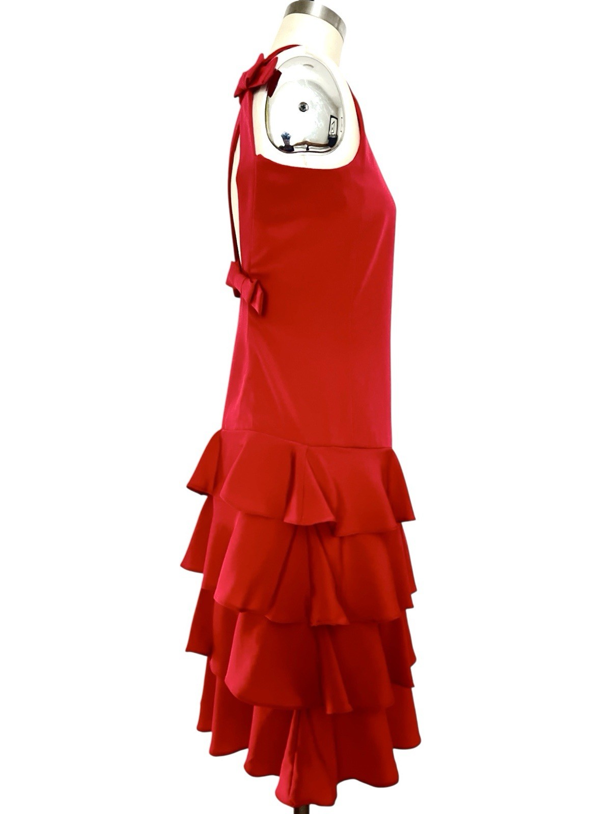 VTG Martin Ross 80s/90s Sz 4 XS/S Red Coquette Shift Dress Ruffle Bows Open Back