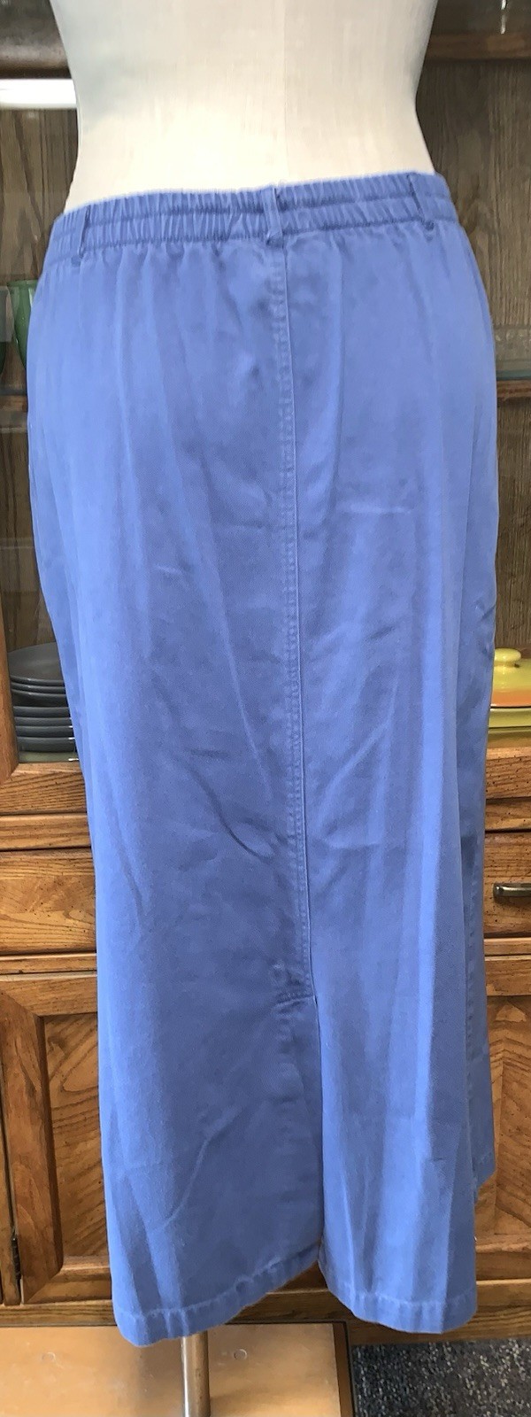 A1 80s SMALL CAPACITY MAXI COTTON BLUE SKIRT FRONT BUTTON STRETCH COTTAGE CORE