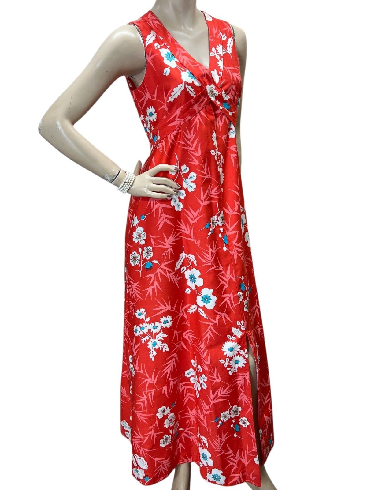Sz M Vtg 70s Maxi Dress Cross Tie Coral Floral Polished Cotton Center Split