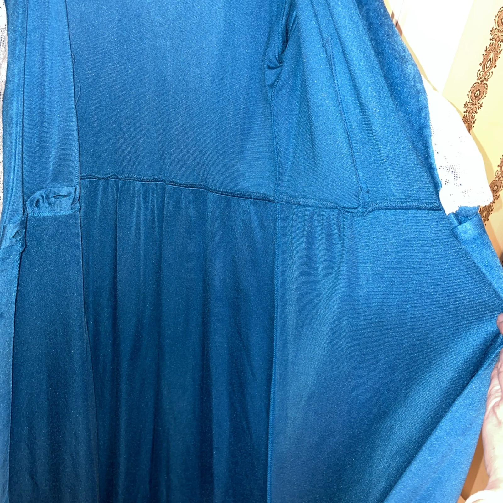 Vintage Teal Velvet Long Housecoat Lace Trim Grandma Granny Nostalgia M 12-14