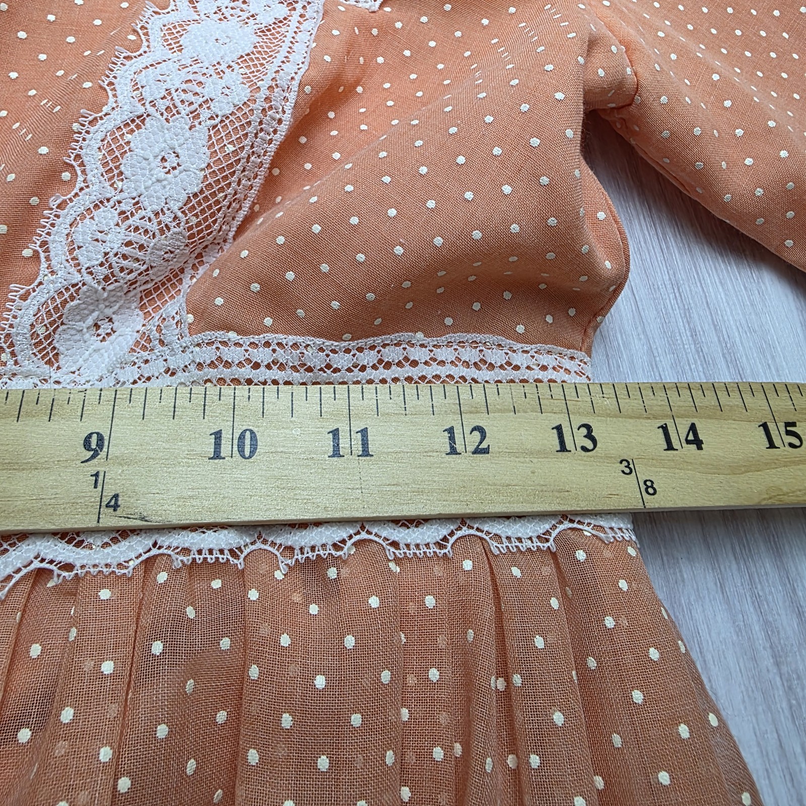 Nadine VTG 1970s Peach Polka Dot Lace Maxi Dress 7 Bell Sleeve Empire Waist