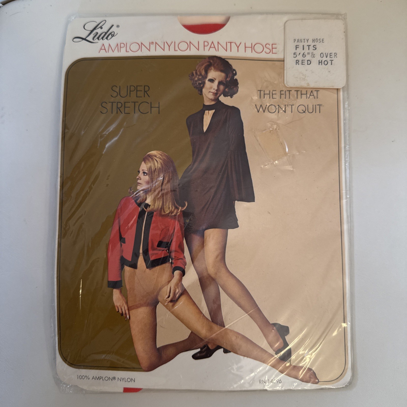 Vintage RED HOT Lido Amplon Nylon super Stretch Panty Hose 5’6” & Over 1960’s ED