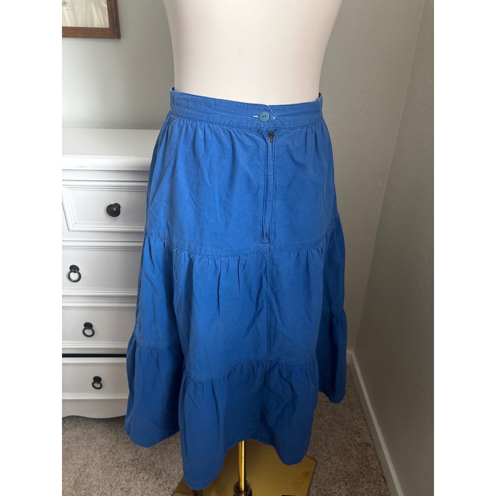 Vintage Crazy Horse Blue Tiered Cotton Midi Skirt High Waisted Cottagecore XS