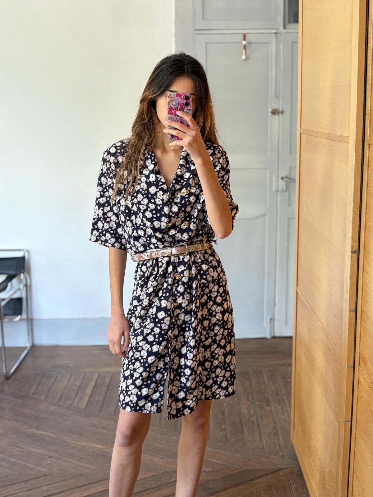 Vintage floral blue dress, Flower print housewife dress, Retro 80s woman style