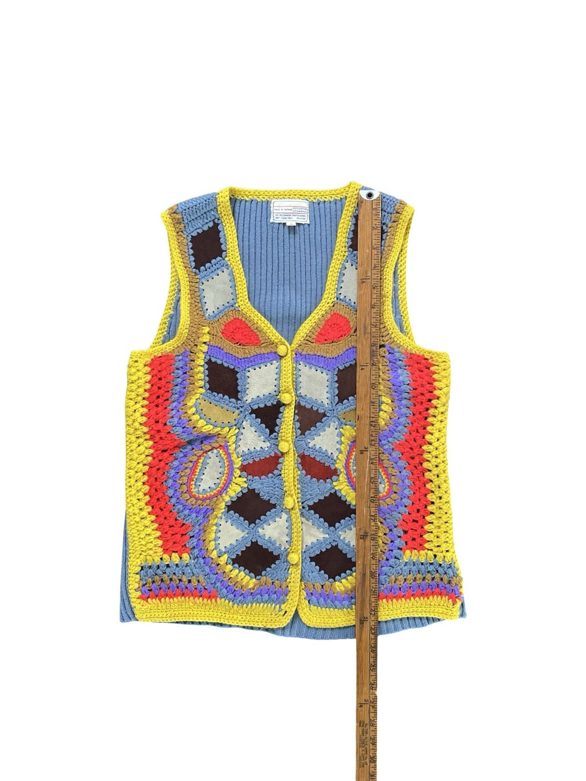 Vintage 70s Aware Acrylic Suede Multicolor Geometric Crochet Vest Size Medium