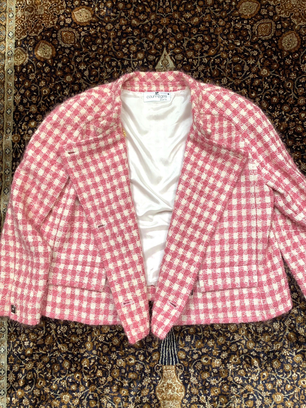 Vtg Courreges Skirt Suit Mohair Boucle Tweed Pink White Checks Womens 40 France