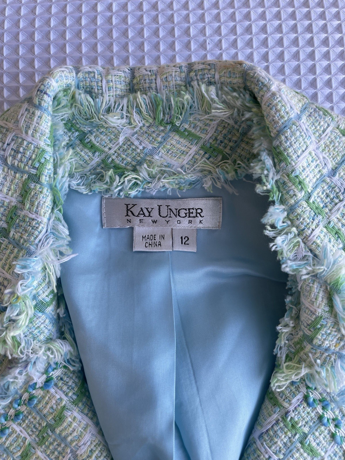 Kay Unger New York Tweed Jacket Skirt Suit | Fringe Trim | Pastel Green Sz 12