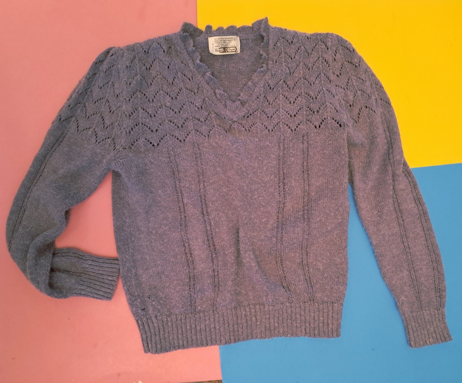 VINTAGE 1970’s Sears Jr Bazaar Purple Acrylic Blend Eyelit Knit Sweater READ