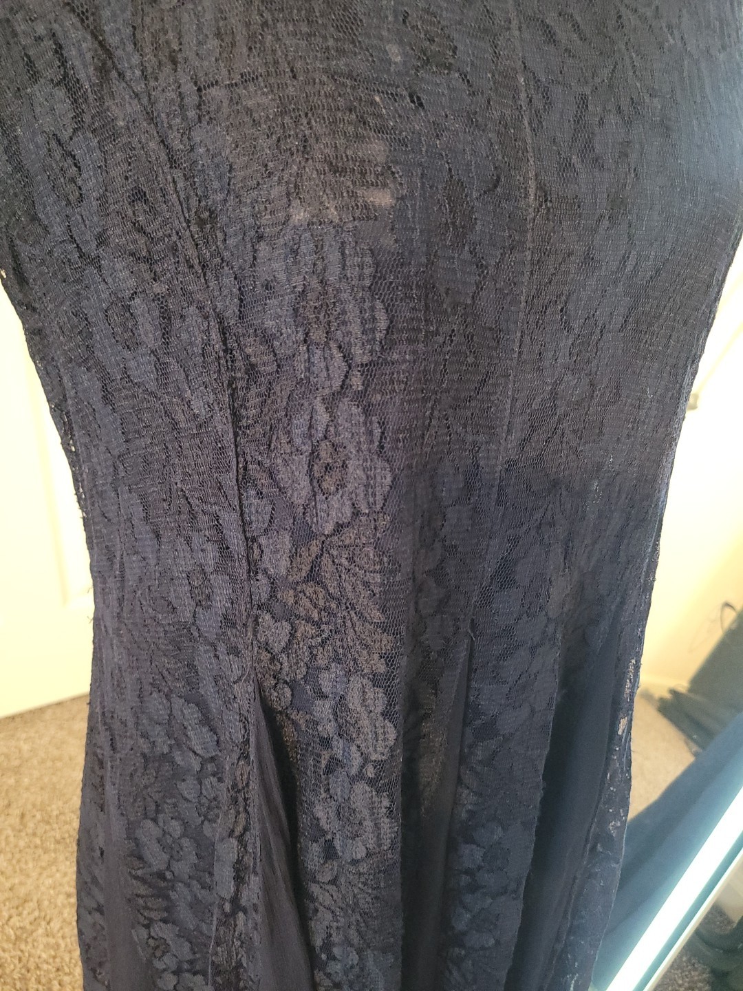 VTG Nostalgia Chiffon Lace Blue Sheer Overlay Maxi Dress Sz L Ethereal Witchcore