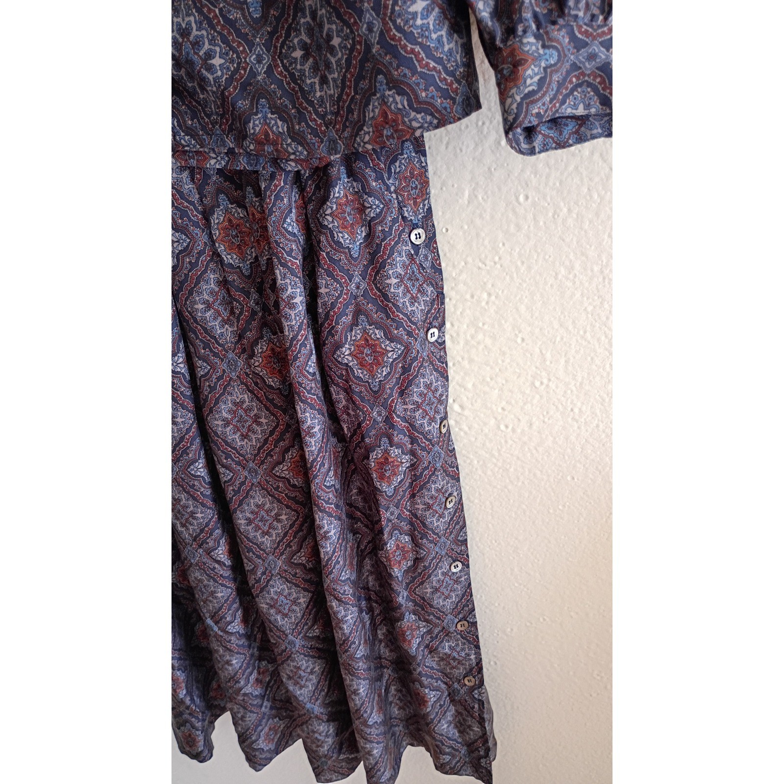 Vintage Silk Studio Claude Bennett Paisley Silk Skirt Blouse Set Navy Blue 8