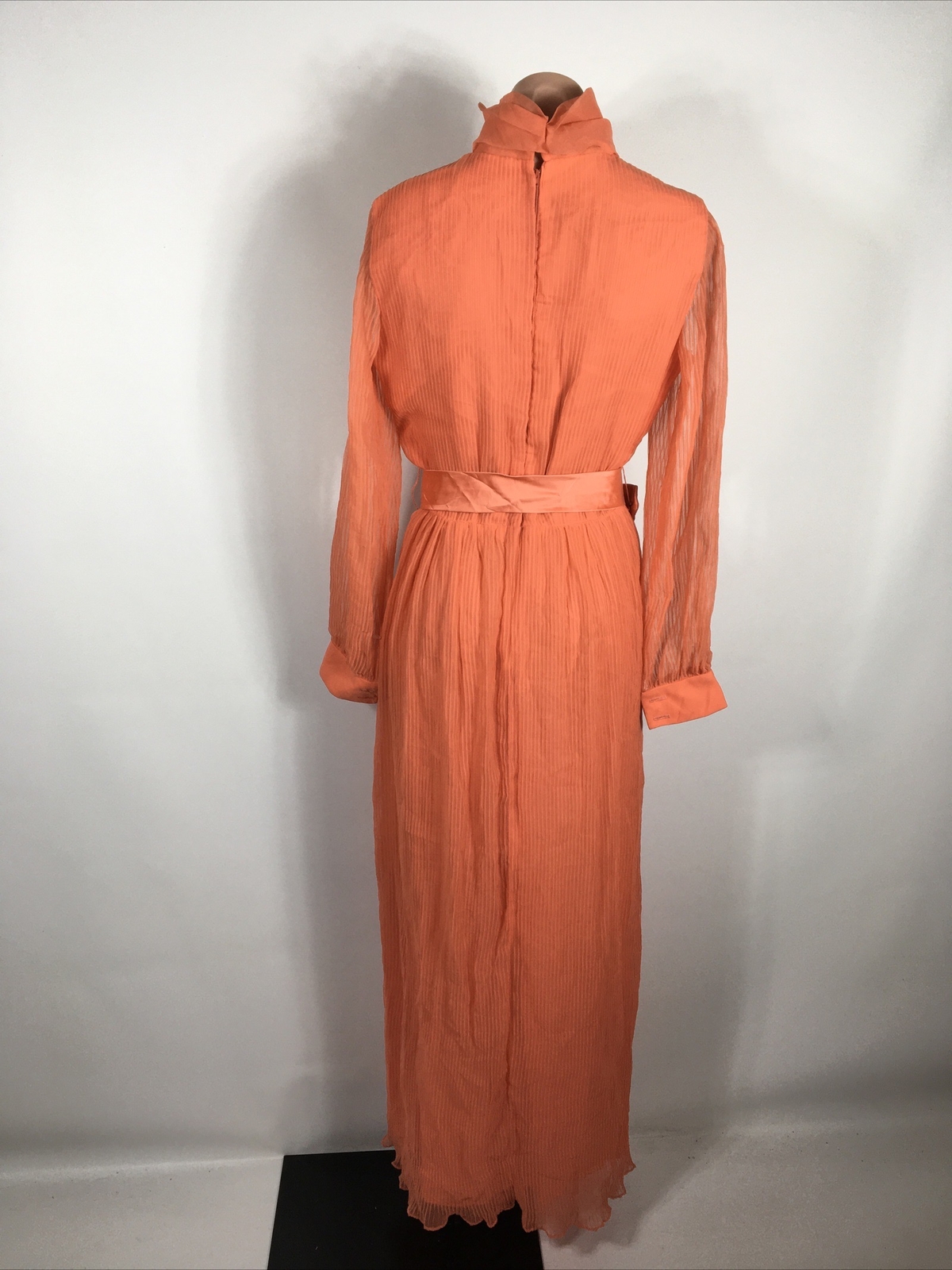 Miss Elliette Coral Illusion Sleeve High Collar Pleated Vtg 60’s Gown Dress