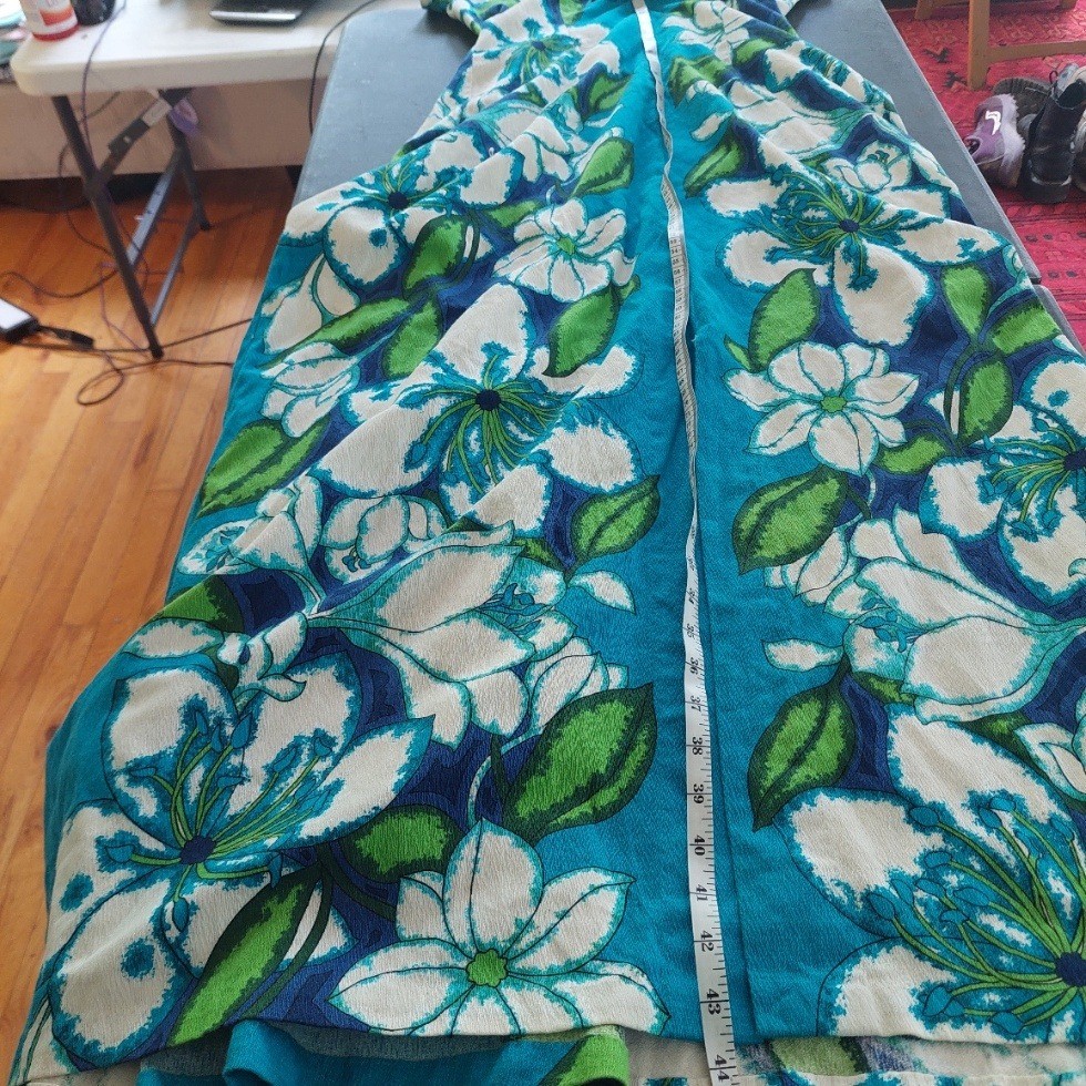 Vintage Sears Hawaii Floral Maxi Dress Turquoise Cotton Tiki 60s Empire Waist