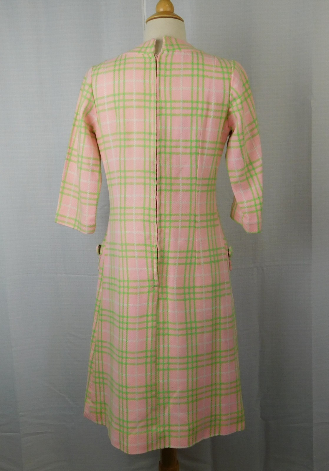 VTG 60s Mod Dress Womens Pink Lime Green Plaid Handmade Wool Knit Twiggy Gogo