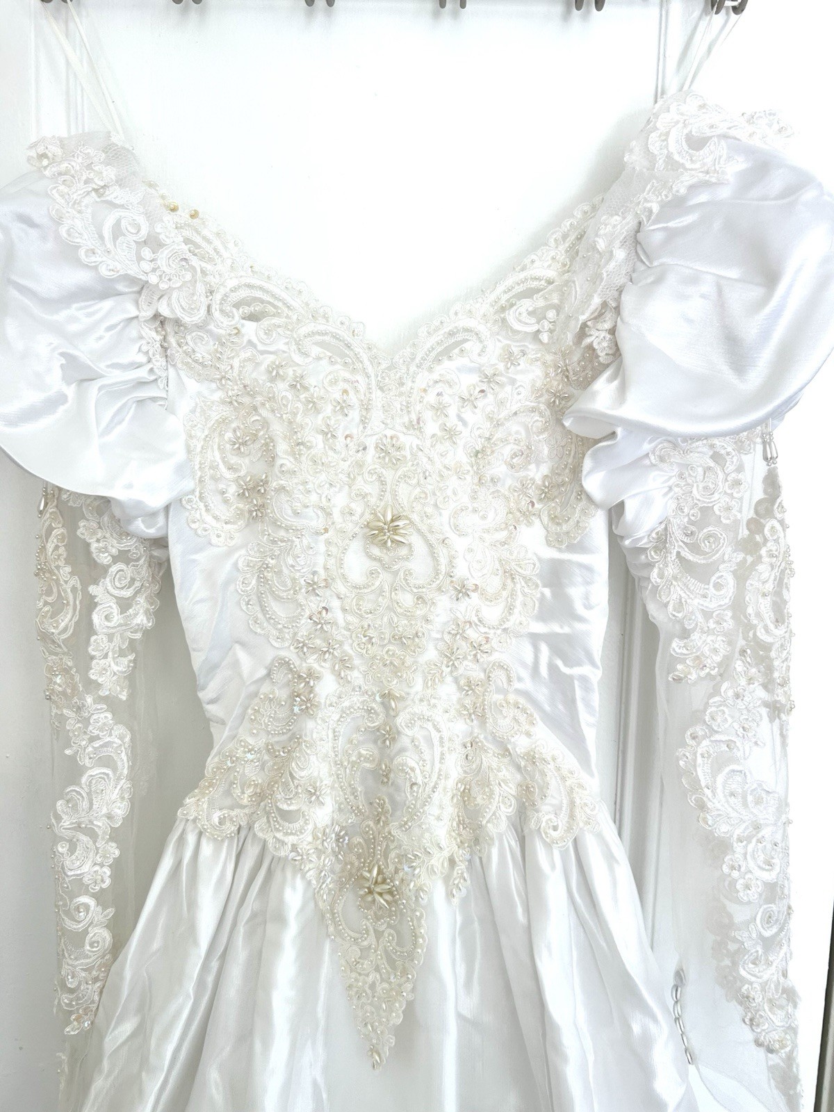 Vintage 1980s White Satin Beaded Wedding Gown & Floral Veil Crown Set Size s
