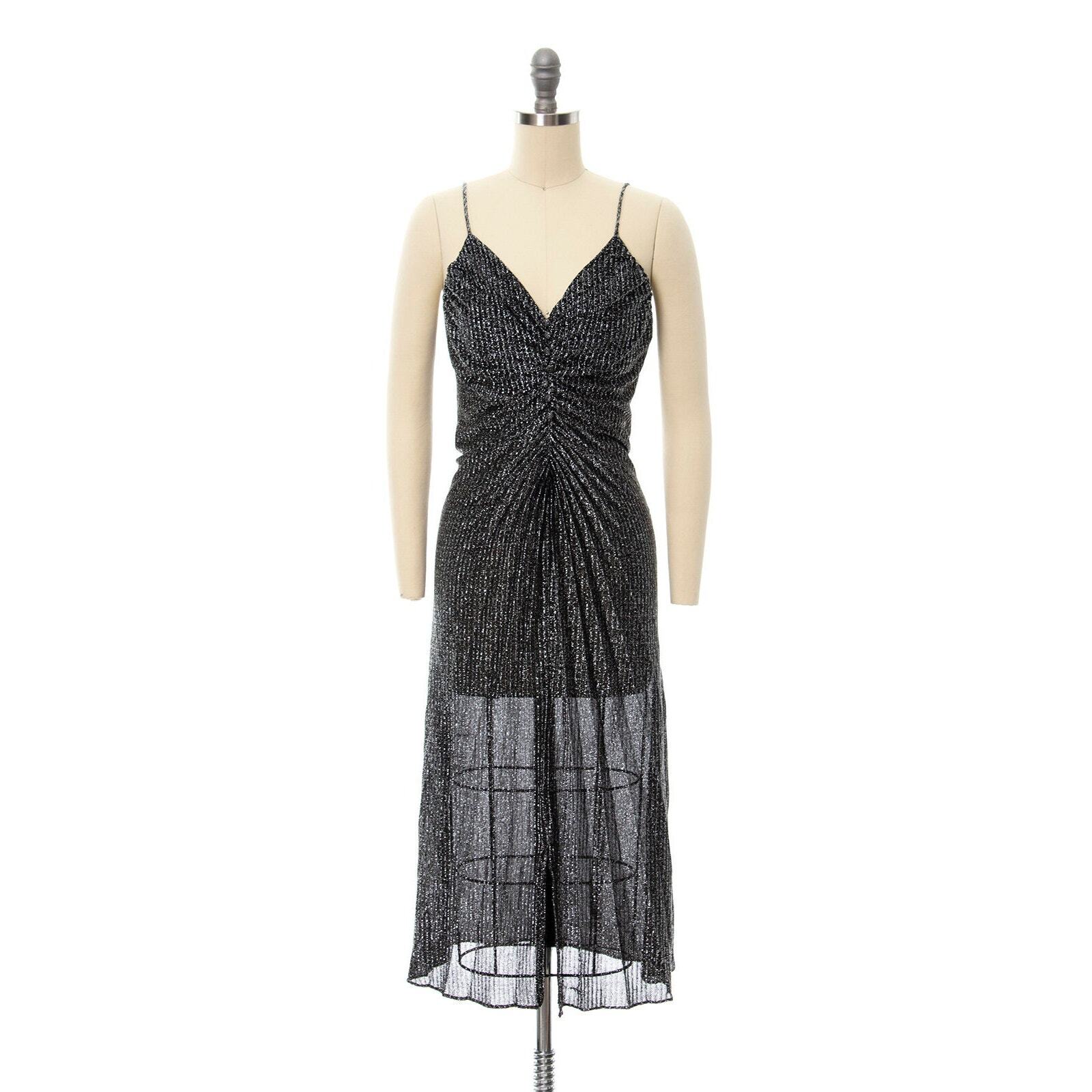 Vintage 1980s Party Dress 80s Metallic Black Silver Travilla Pleated Cocktail