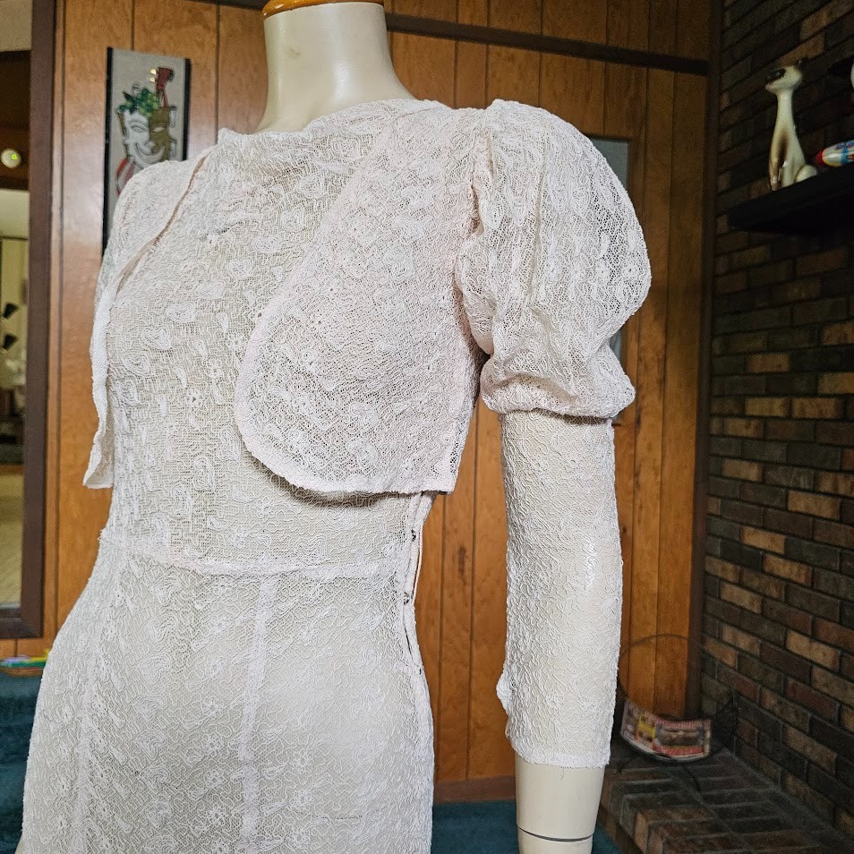 Vtg 30s NRA Pink Spiderweb Lace Bias Cut Dress Gown + Juliet Sleeve Bolero XS/S