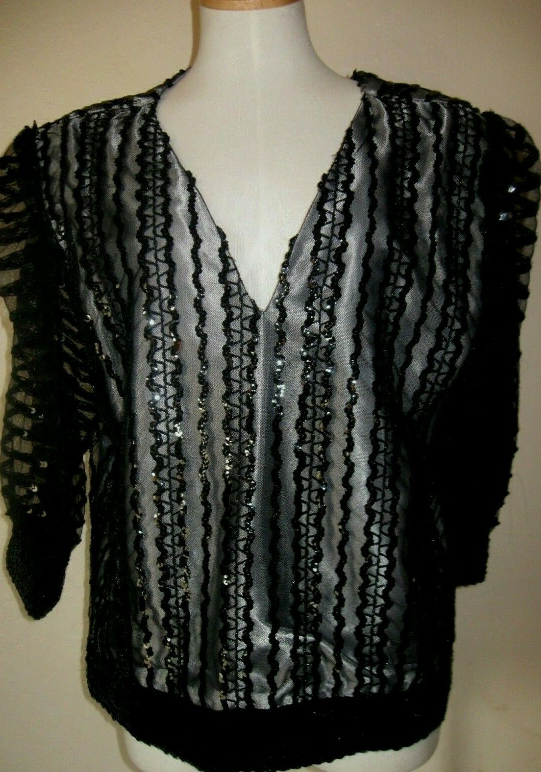 Vintage Black Sequin Top Holiday Cocktail Party Dressy Elegant Glitzy Pretty LRG