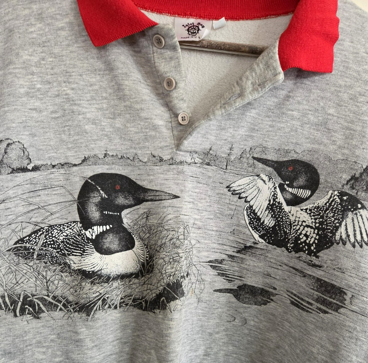 Vintage Loons Sweatshirt Gray Red Cuffs Collar Inlet Bay Made In USA XL Womens