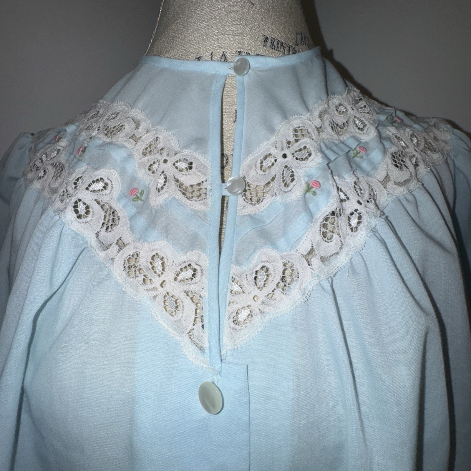 Vintage Light Blue House Coat Robe Lace Embroidery Flowers Pearl Buttons Pockets
