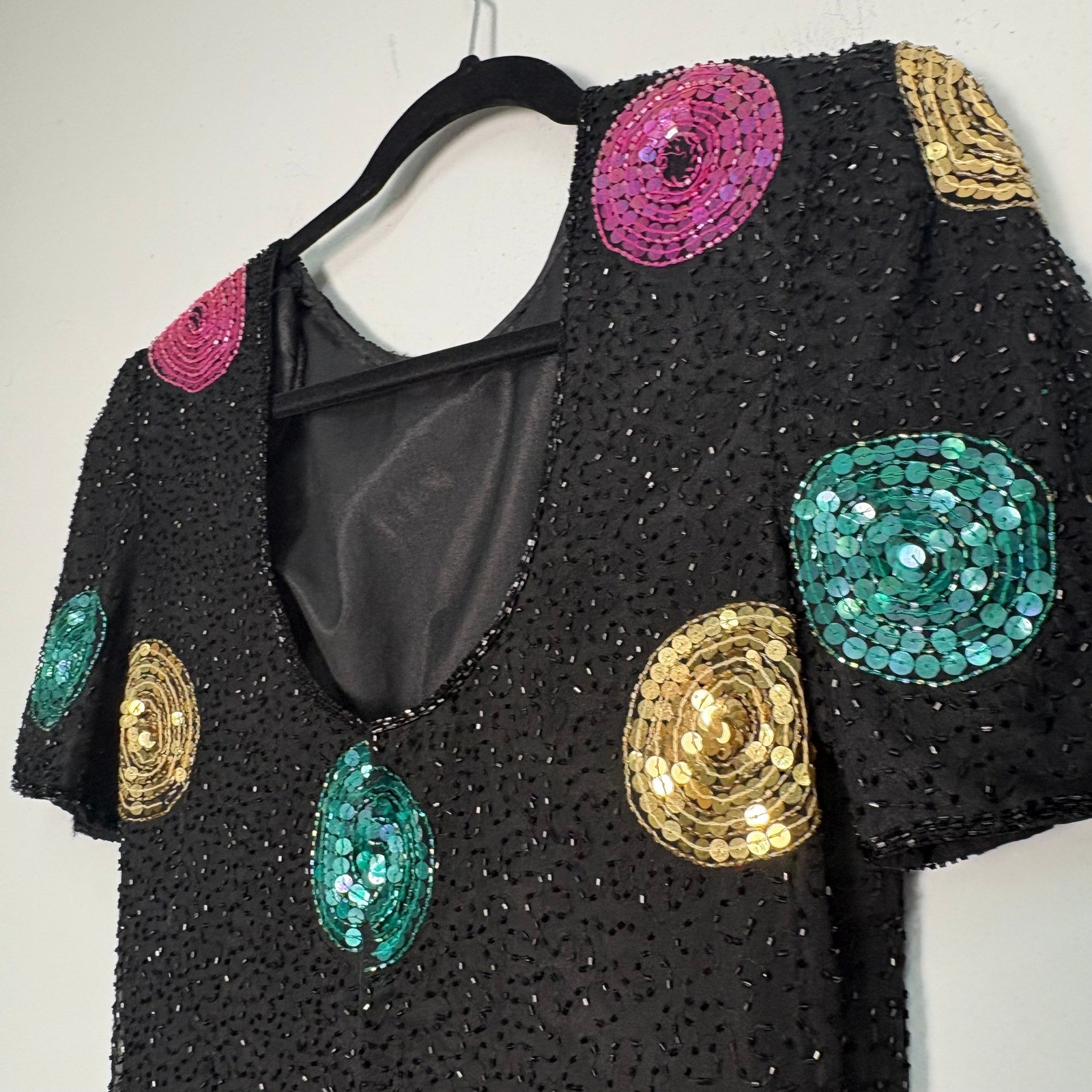 Vintage Silk Beaded Sequin Polka Dot Dress Black Multicolor Short Sleeve Size 8