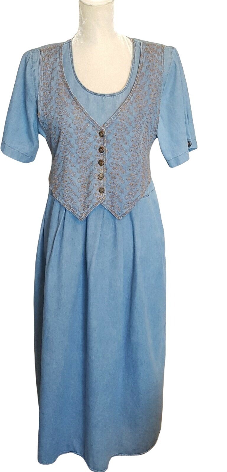 Vintage 80’s Dress 16P Petite Women’s Blue Chambray Cotton Attached Vest