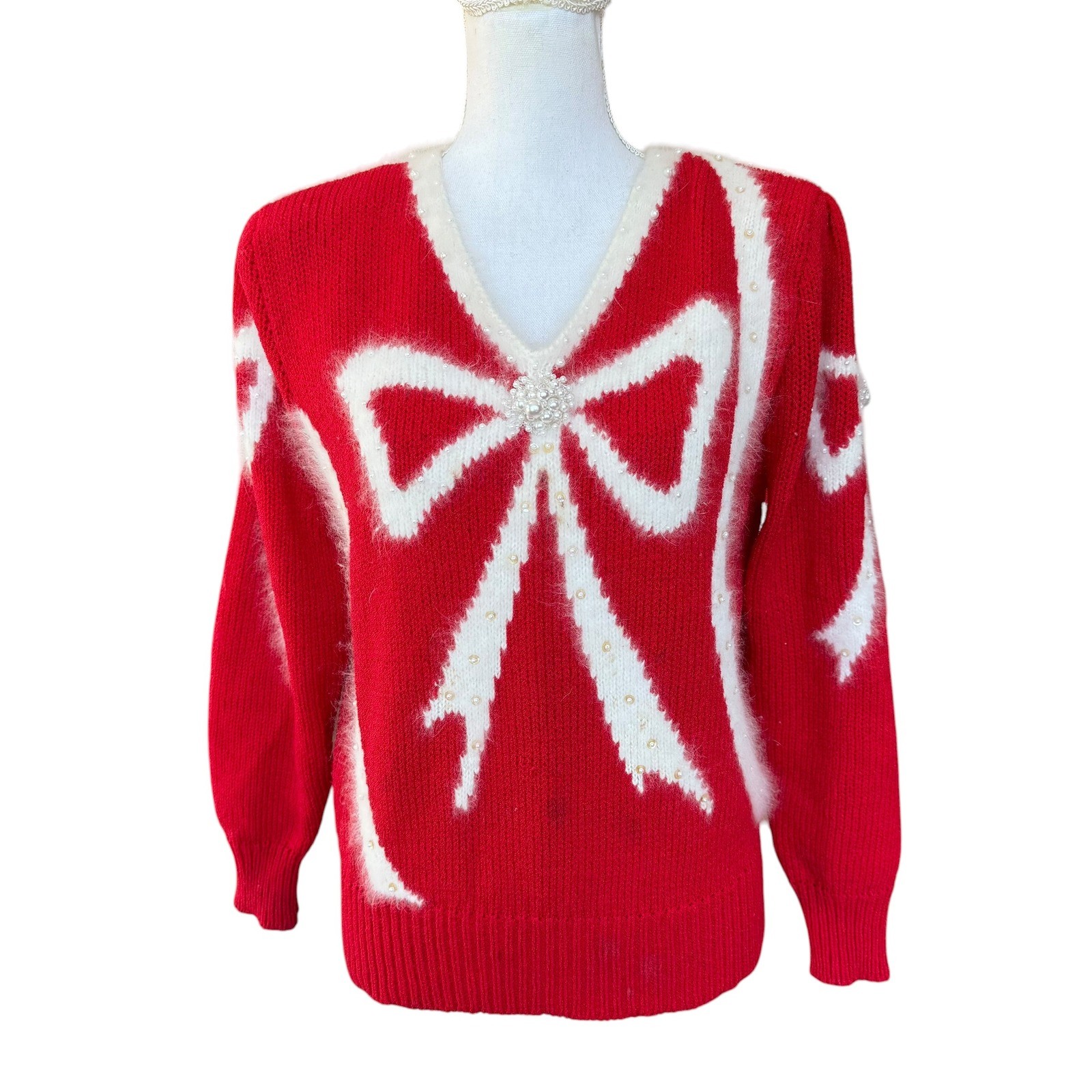 Vintage Christine Red Bow Sweater Angora Pearl Embellished Holiday Christmas M
