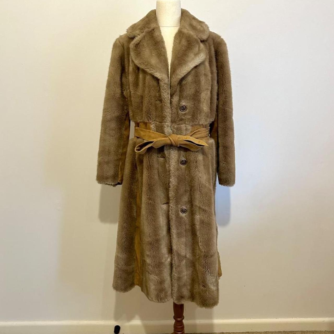 Vintage Faux Fur Coat Brown Genuine Suede Trim Belted Maxi Jacket AU 10-12