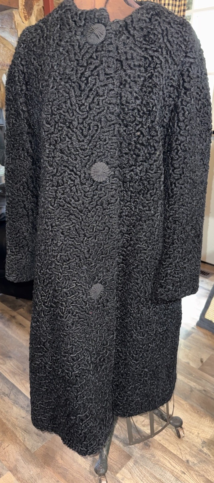 Vintage Halldonn Lustrelam Black Faux Persian Lamb Long Coat Jacket