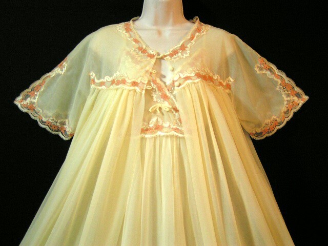 Vintage Lisette Chiffon Yellow Lingerie Dress Nightgown PEIGNOIR Robe SET S