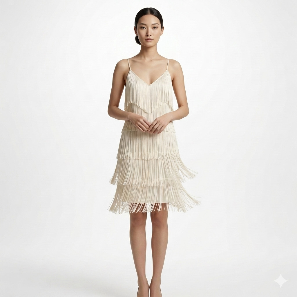 VINTAGE 70s Joy Stevens Ivory Fringe Flapper Gatsby Dress Sz 12