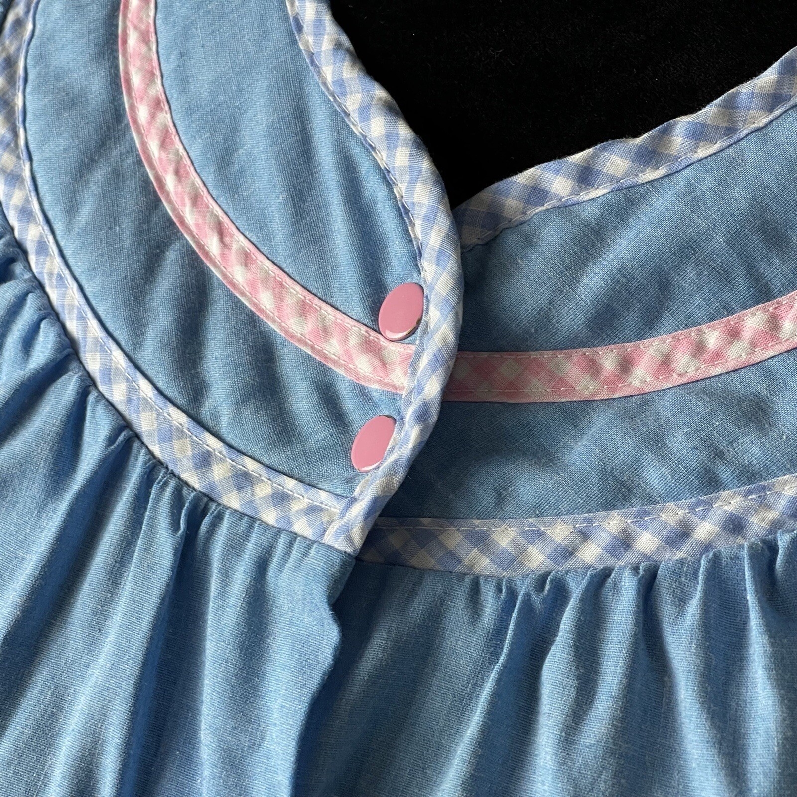 Vintage Dan-Ellen Brand Blue Poly Cotton Robe With Pink & Blue Gingham Trim