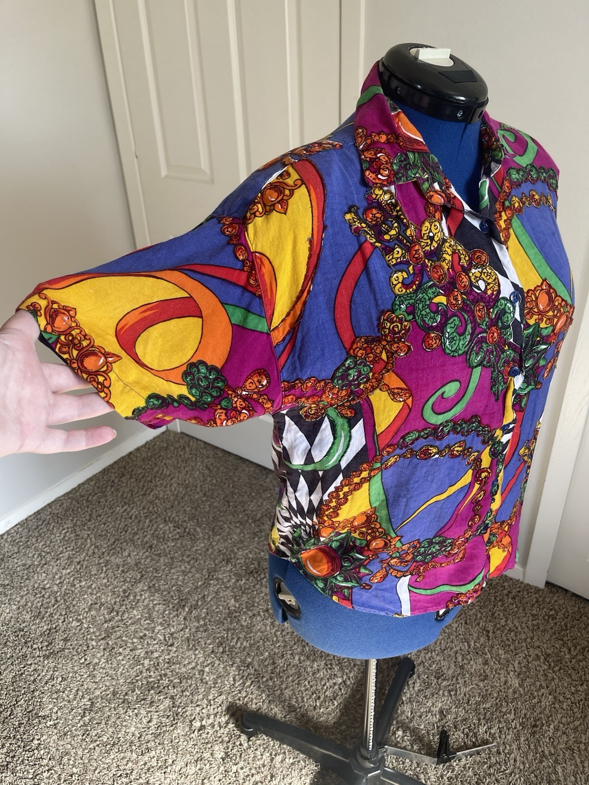 1980s Jane Ashley Sz Medium Multicolor SS Button Up w Beading, Checkers, Jewels
