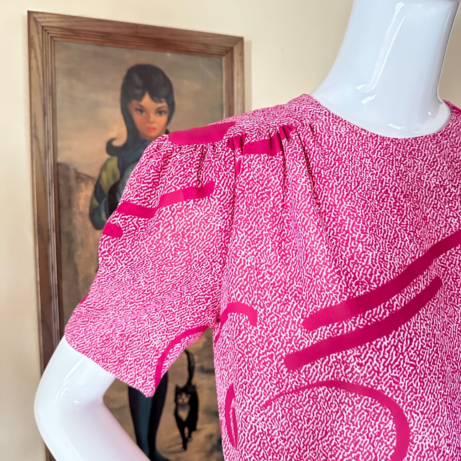 Vintage 1980s New Wave Cartoon Hearts Blouson Peplum Short Sleeve Day Dress M