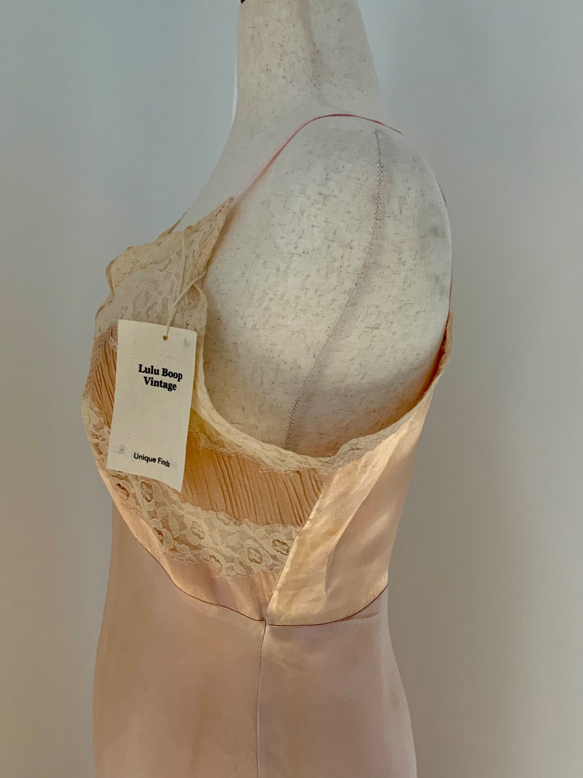 1940sVintage Hand-Dyed Satin Lace Slip Dress – Blush Peach with Satin Ribbon