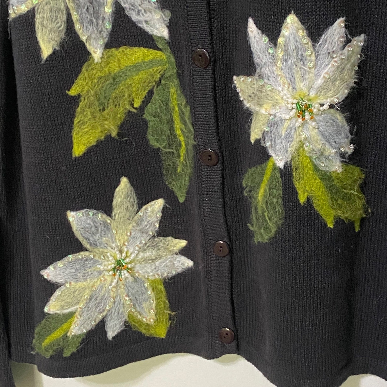 Vintage 80s Holiday Christmas Cardigan Sweater Poinsettia XL Dark Gray Beaded