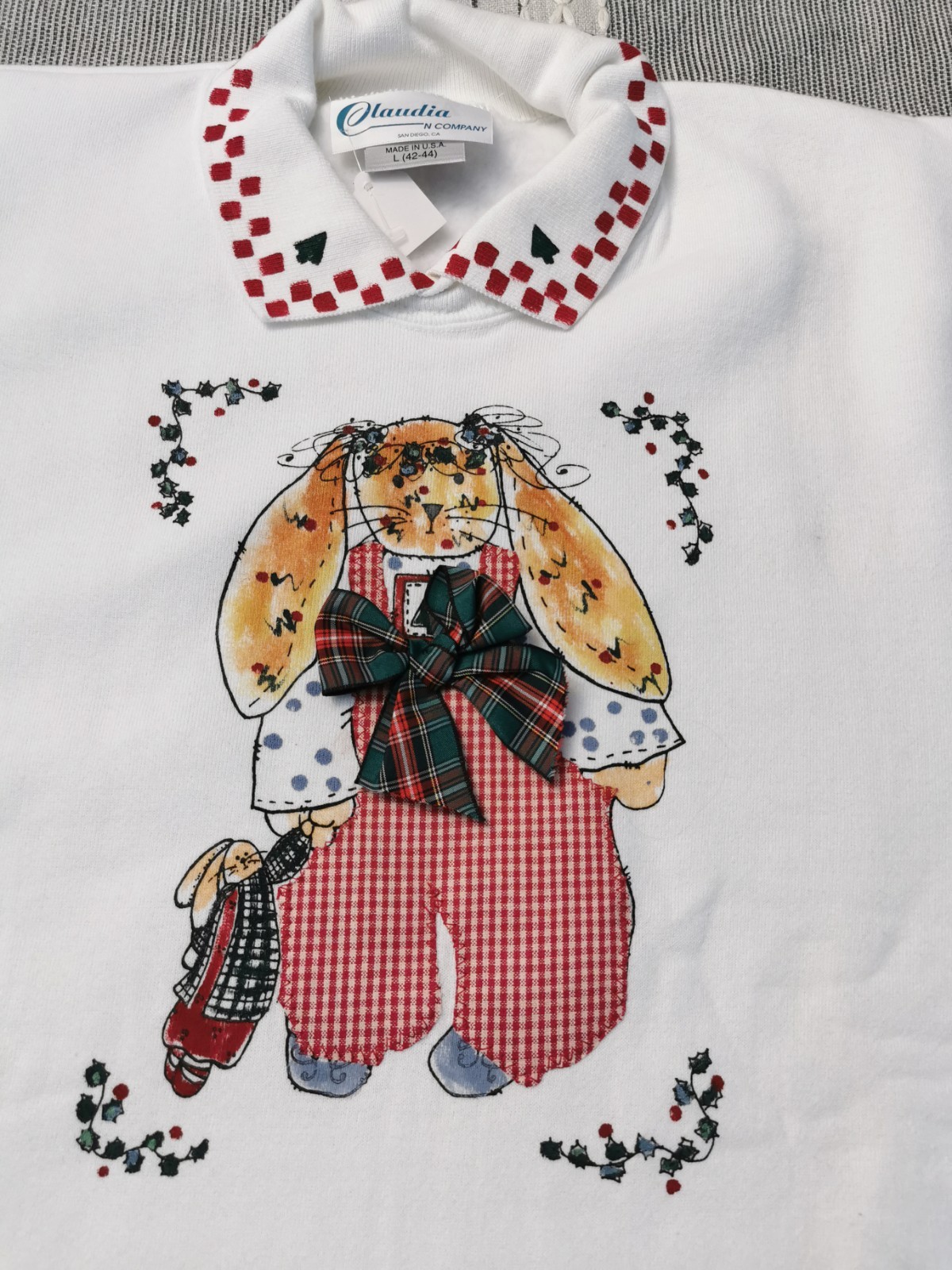 Vintage 90s Claudia & Co Hand Painted Bunny Sweatshirt Large Grandma Cottagecore