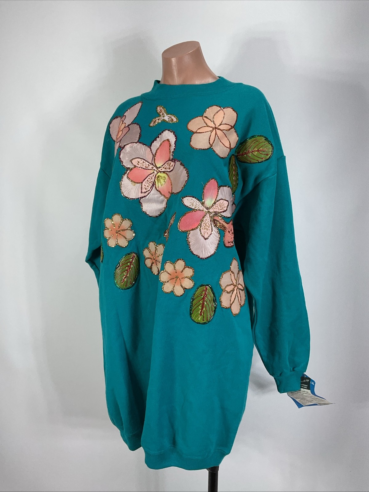 Vintage Hanes Her Way Sweatshirt Dress Floral Gold Accent Embellished Crewneck