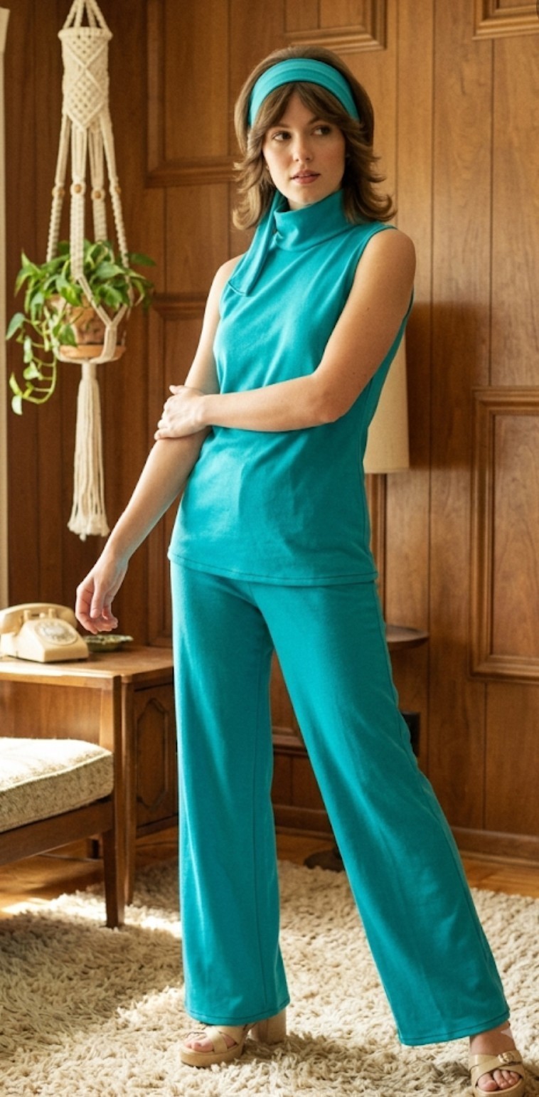 Retro 1970’s 2 Piece Suit Groovy With Hair Tie Stretch Knit Tunic Top And Pants