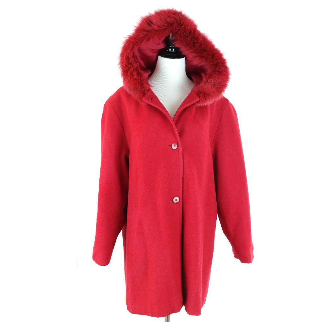 VTG 90s Komitor Red Wool Hooded Coat Genuine Dyed Fox Fur Union Made USA Sz L
