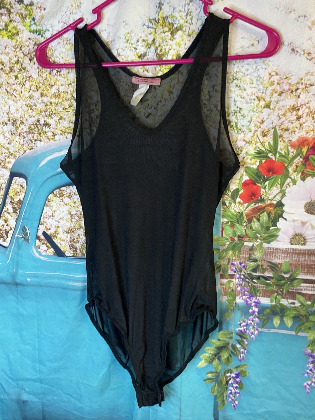 Vtg HAUTY Black Teddy Bodysuit Net Tank Style Size Large Stretchy Cheeky